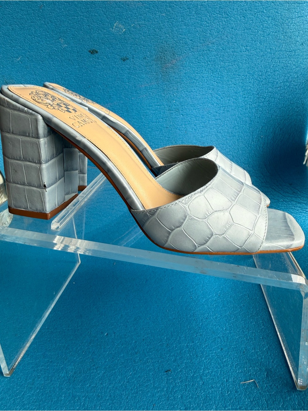 Vince Camuto Light Gray Croc-Embossed Block Heel Mules